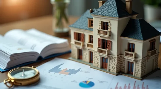 Visual concept of French real estate investment showing a symbolic blend of French architecture with financial elements