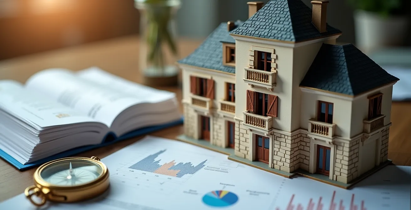 Visual concept of French real estate investment showing a symbolic blend of French architecture with financial elements