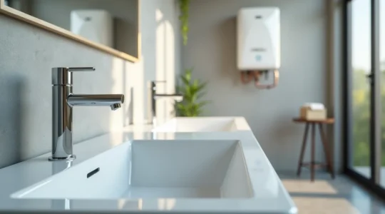 A modern home interior showcasing sleek plumbing fixtures and visible and hidden plumbing elements