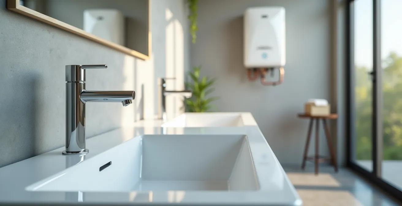A modern home interior showcasing sleek plumbing fixtures and visible and hidden plumbing elements