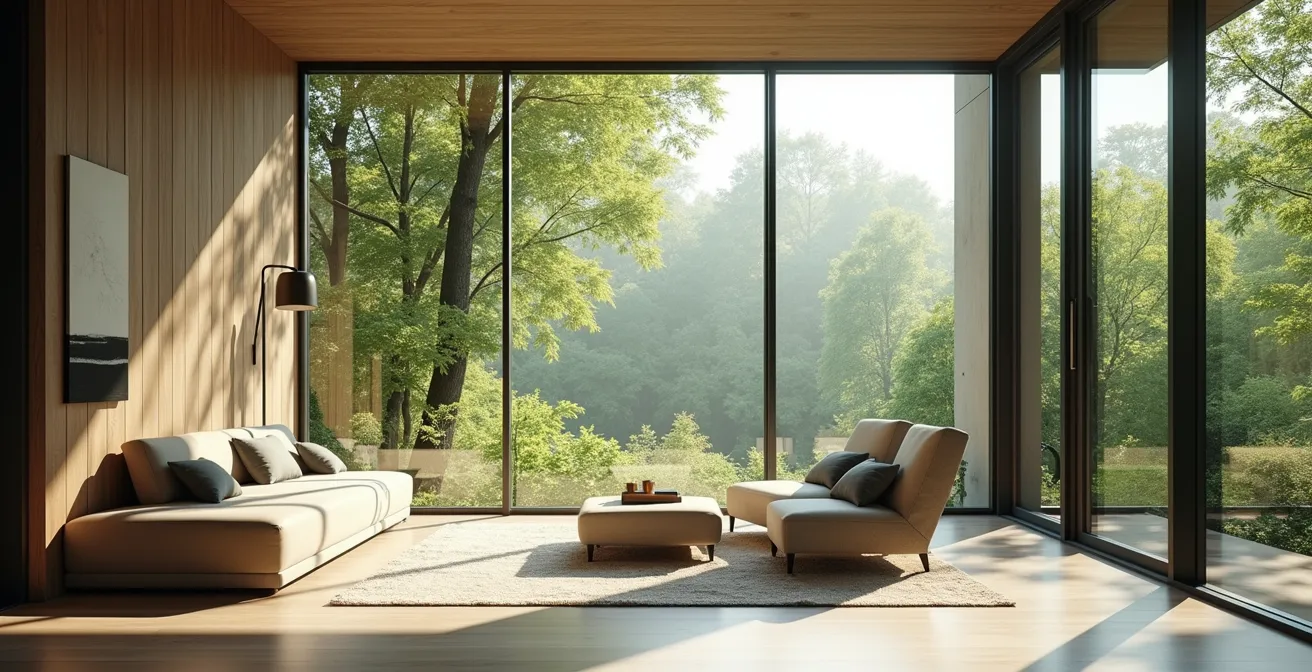 Modern energy-efficient windows with natural light enhancing a sustainable home environment