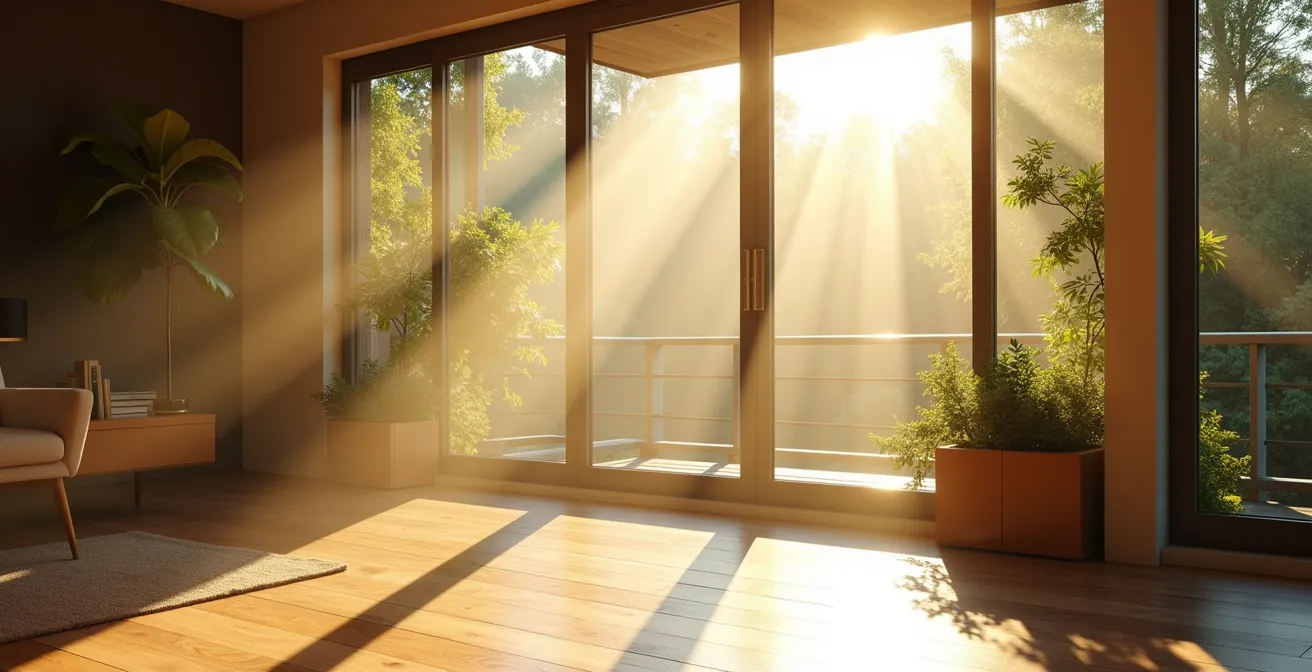 Interior showing sunlight streaming through large biophilic design windows