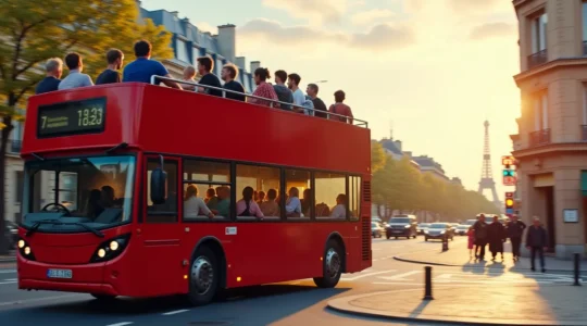 Panoramic view of open-top double-decker sightseeing bus with passengers on upper deck overlooking Paris landmarks