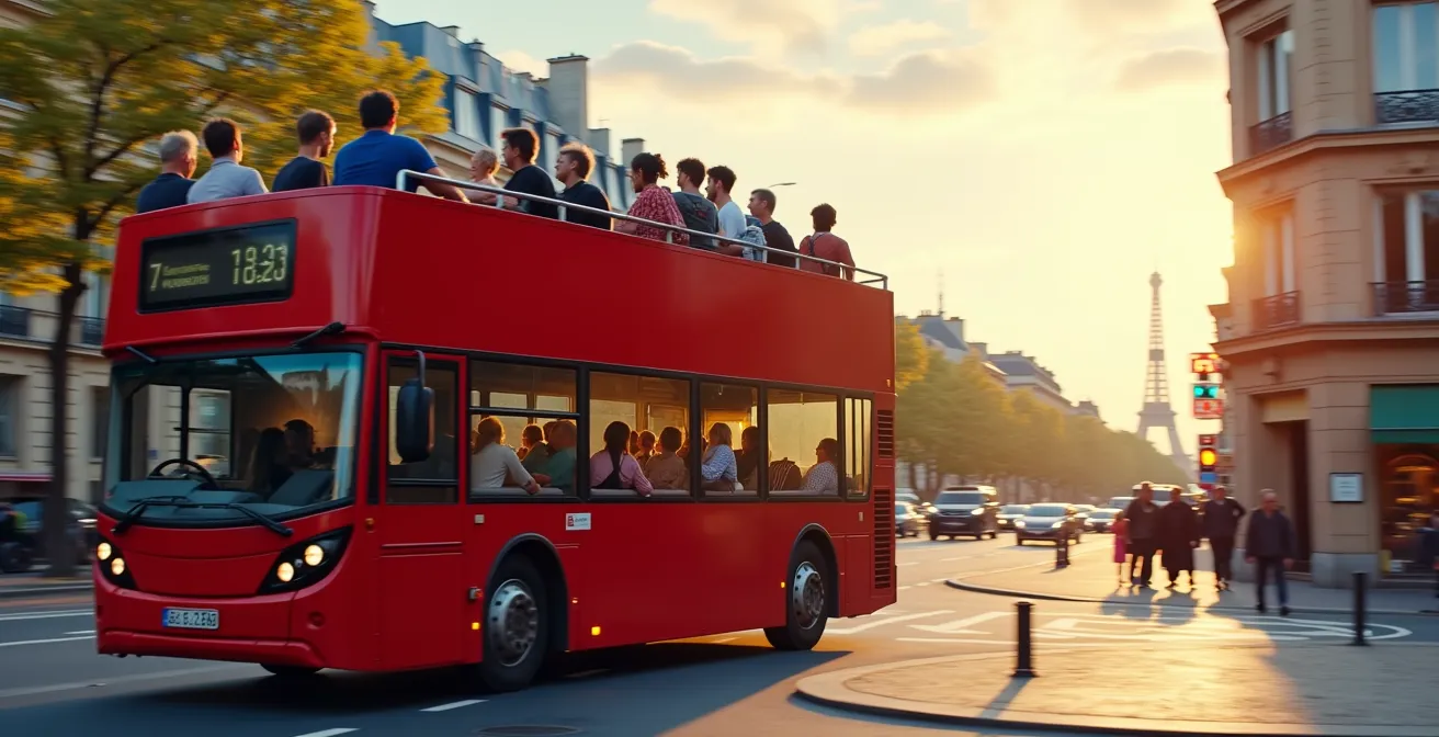Panoramic view of open-top double-decker sightseeing bus with passengers on upper deck overlooking Paris landmarks