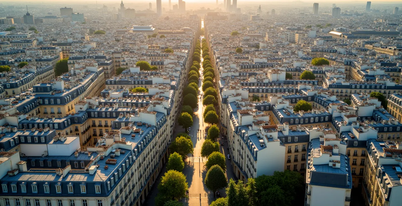 Artistic aerial view of diverse Paris neighborhoods showing contrasting architectural styles from Haussmannian boulevards to modern districts