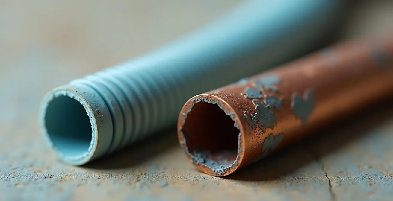 Visual comparison of PEX and copper pipes showing flexibility and corrosion effects