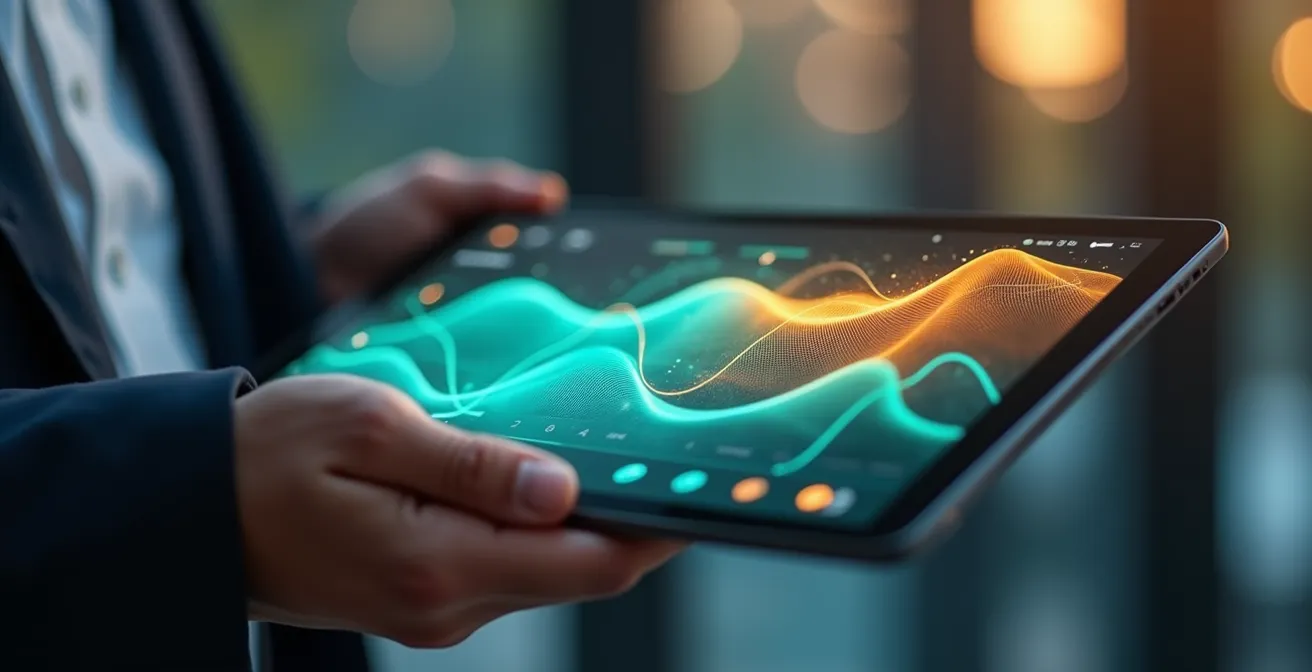 Abstract visualization of fleet data analytics with flowing streams of colorful data patterns connecting vehicle silhouettes to cloud-based analytics systems