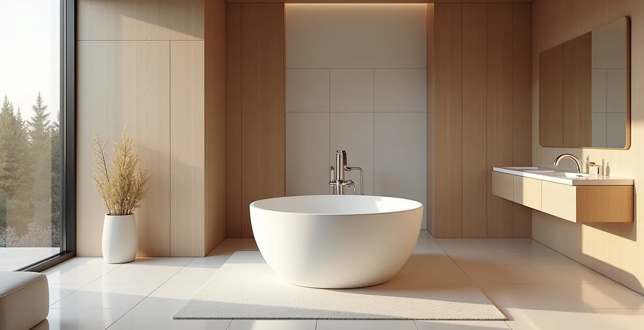 Spa-like bathroom interior with large soaking tub, steam shower, and calming neutral colors