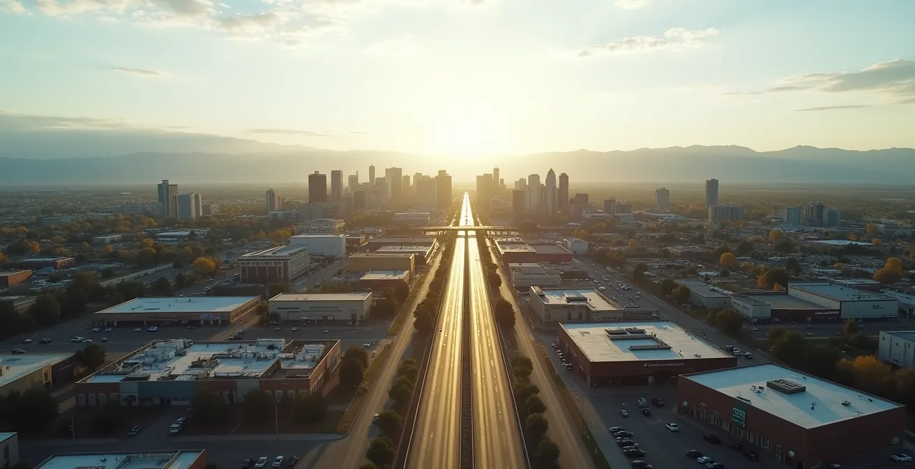 Aerial view of Calgary showing major traffic corridors with vehicles on highways