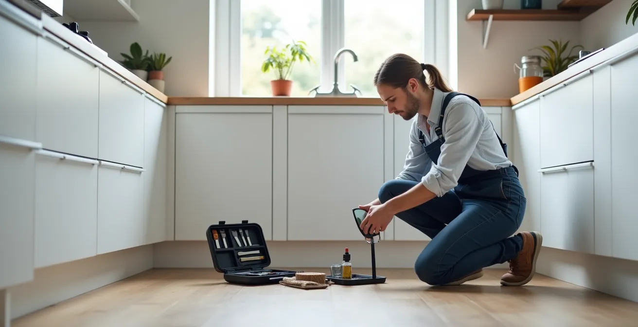 Homeowner conducting systematic plumbing inspection with checklist
