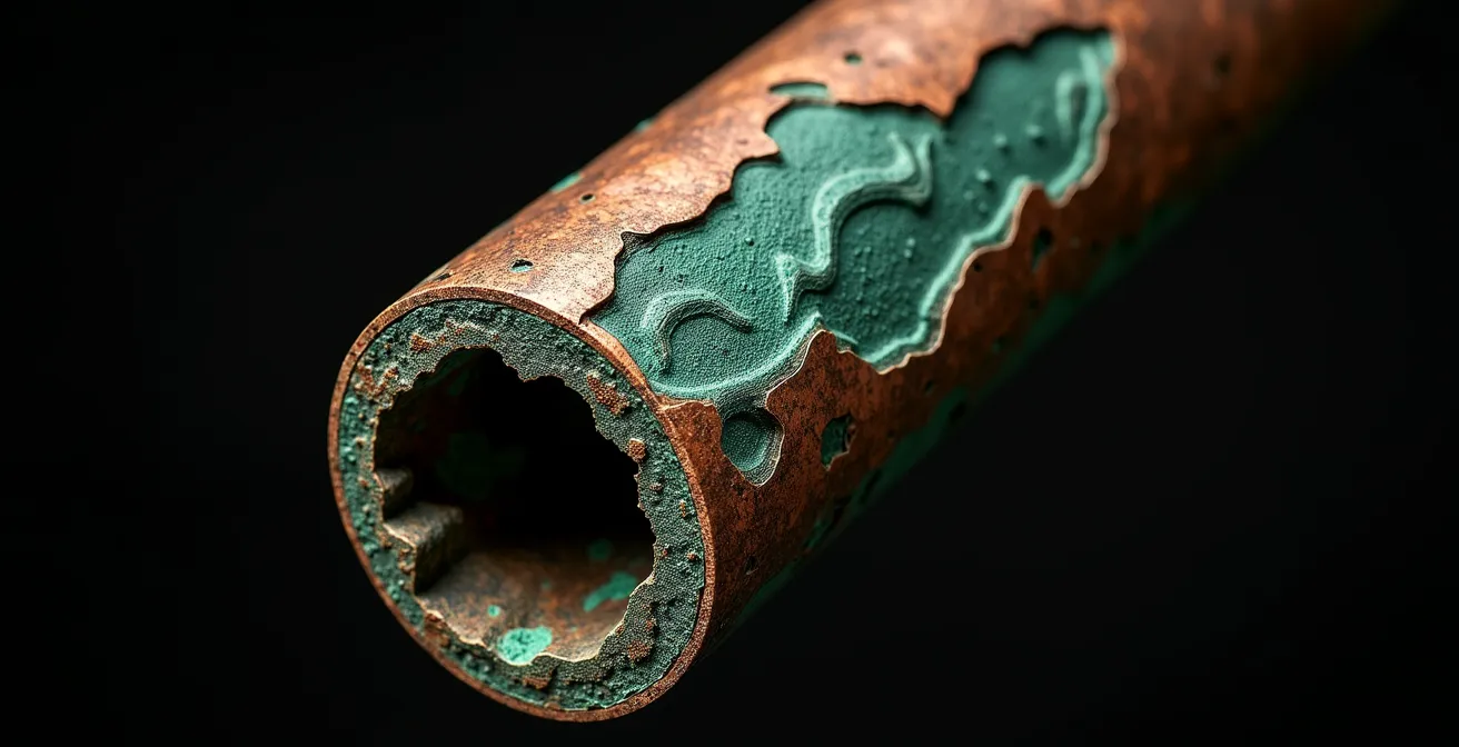 Macro view of corroded pipe interior showing mineral buildup patterns