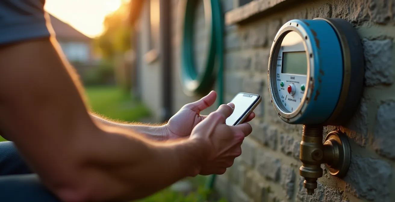 Hands examining residential water meter showing usage spike