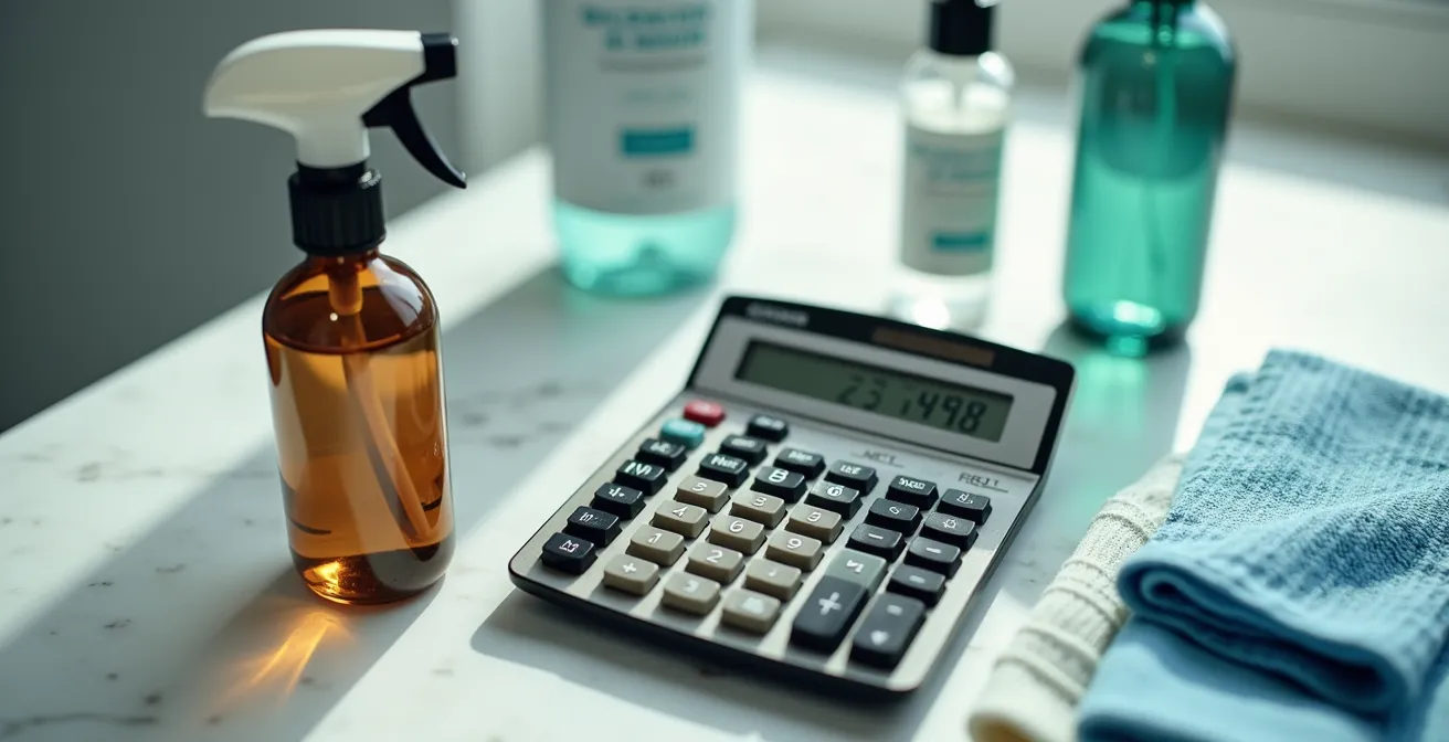 Calculator surrounded by cleaning supplies showing cost calculations