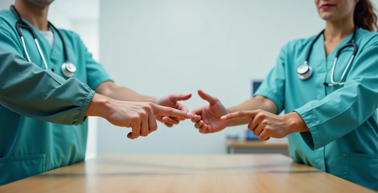 Close-up of multiple medical professionals' hands pointing at shared surface during discussion