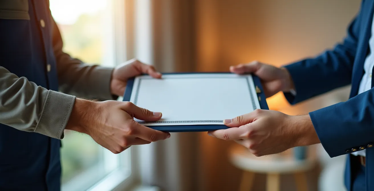Professional cleaner handing over cleaning completion certificate to tenant