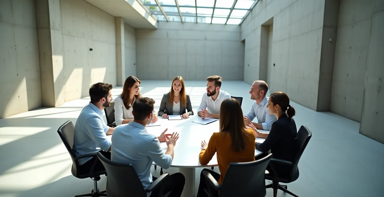 Diverse team of professionals working together around a large table with floating geometric shapes representing ideas