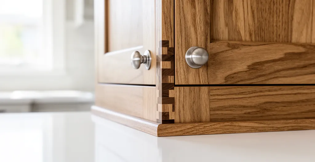 Close-up of custom cabinet corner showing quality dovetail joinery