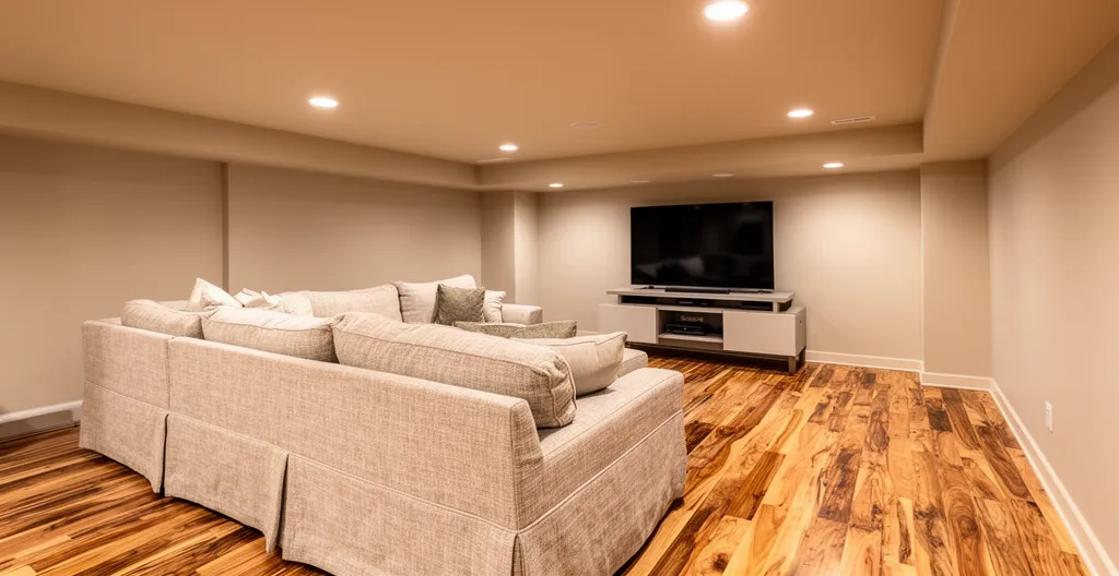Finished basement with comfortable seating and warm lighting
