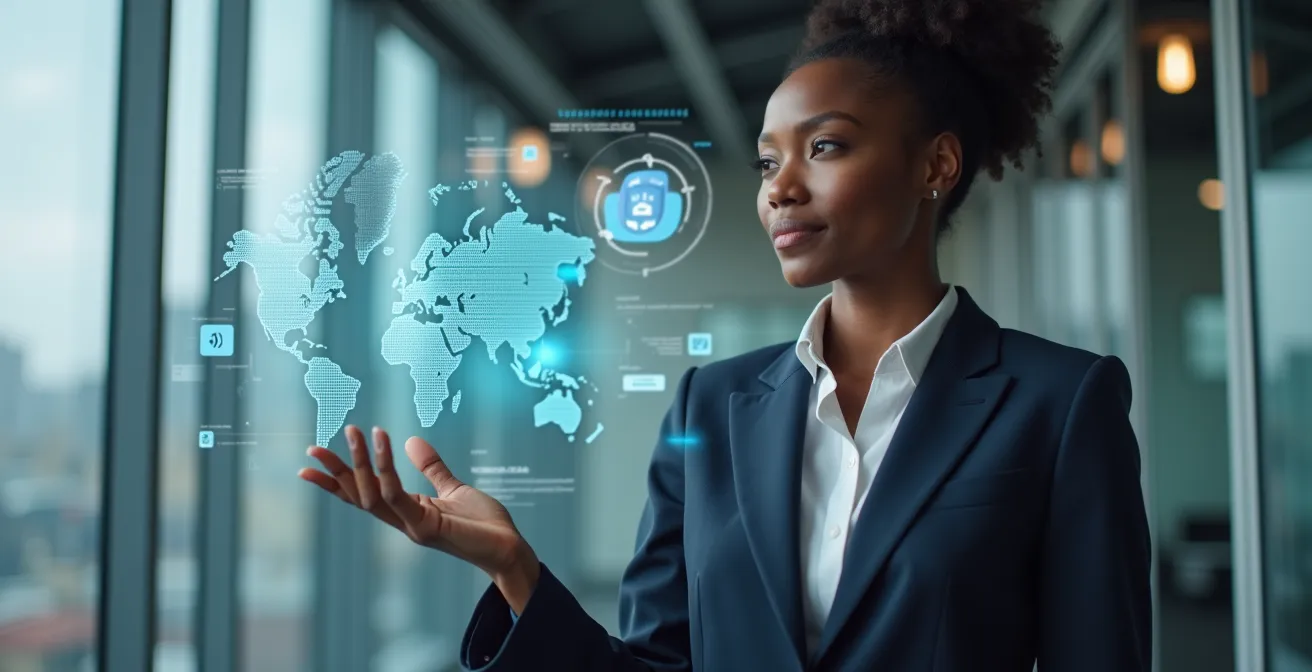 African entrepreneur examining holographic data projections in modern workspace