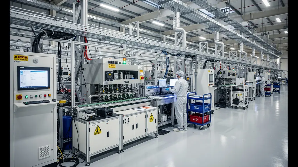 Semiconductor production facility with automated handling equipment showing industrial scale