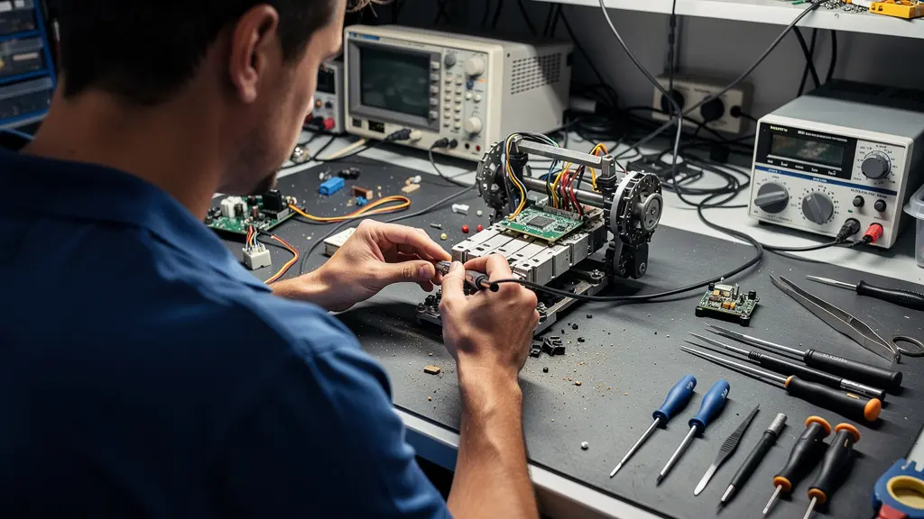 Technical specialist performing diagnostic assessment on robotic handling component