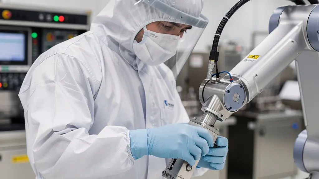 Technician inspecting precision robotic equipment in semiconductor cleanroom facility
