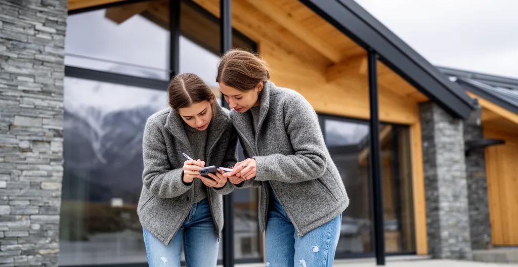 Two people inspecting property exterior taking notes