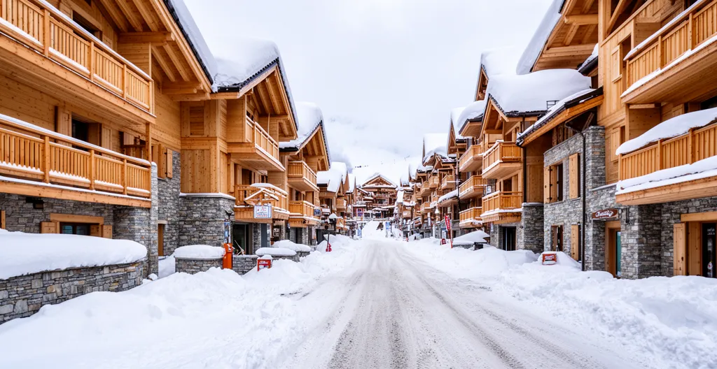 Courchevel ski resort street with chalets and apartments