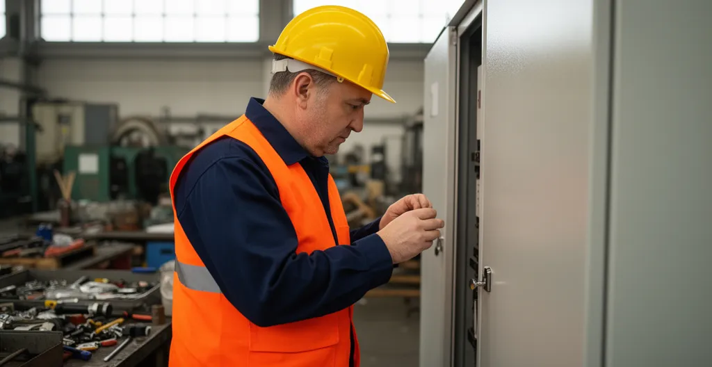 Electrical technician inspecting industrial distribution cabinet for surge protection system maintenance