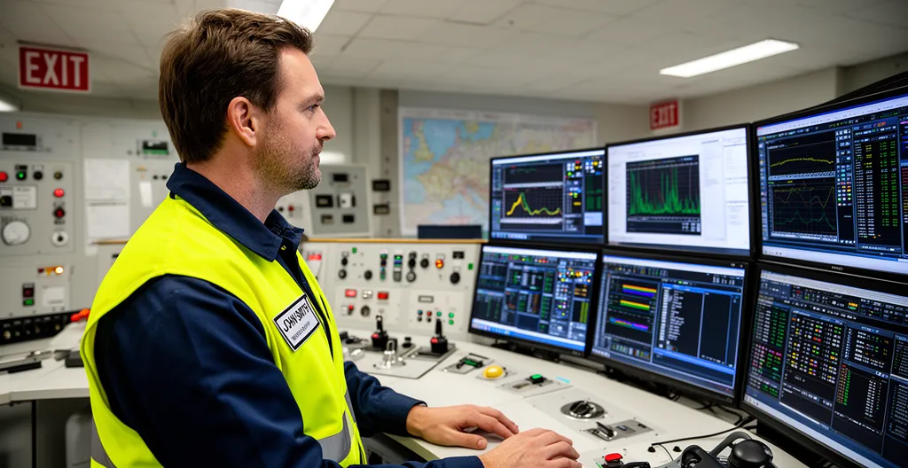 Facility manager in industrial control room reviewing operational systems for lightning protection monitoring