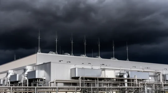 Industrial manufacturing facility with lightning protection equipment visible on roof during approaching storm