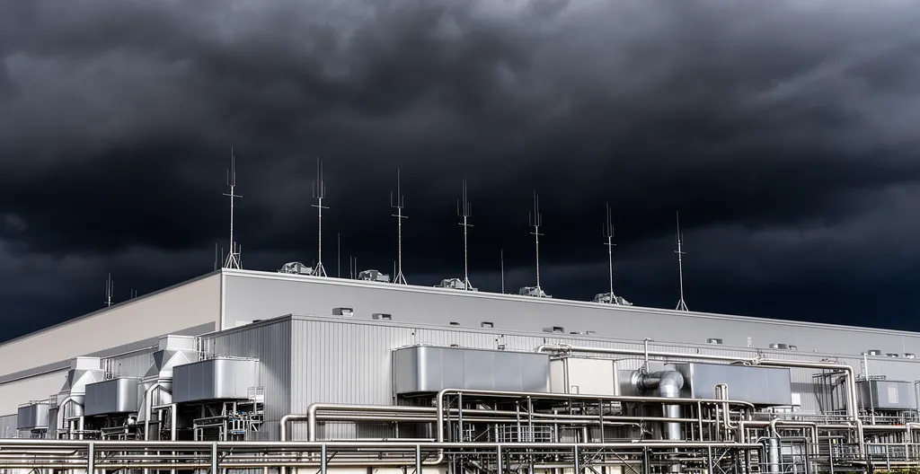 Industrial manufacturing facility with lightning protection equipment visible on roof during approaching storm