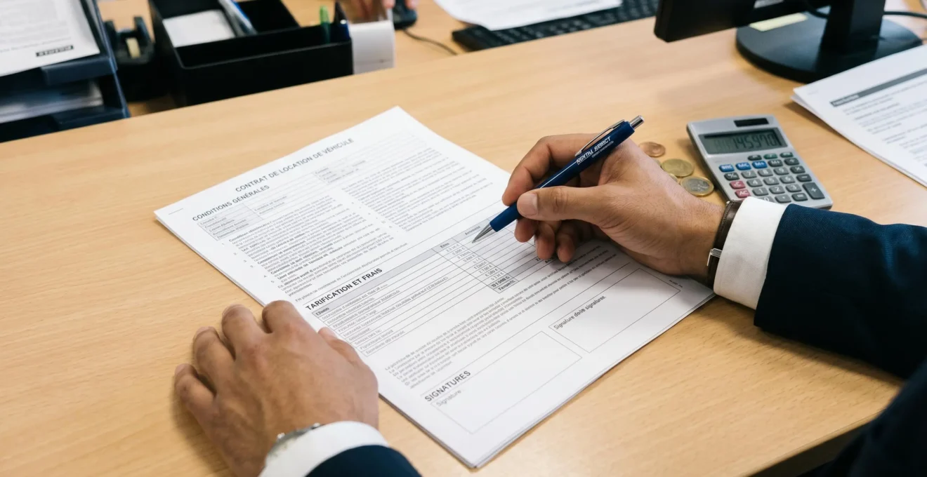 Close-up of hands reviewing vehicle rental contract document in French on desk with calculator and pen at rental agency counter