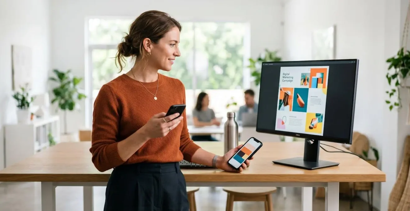 A marketer comparing the same visual content displayed on a mobile phone and a desktop monitor simultaneously