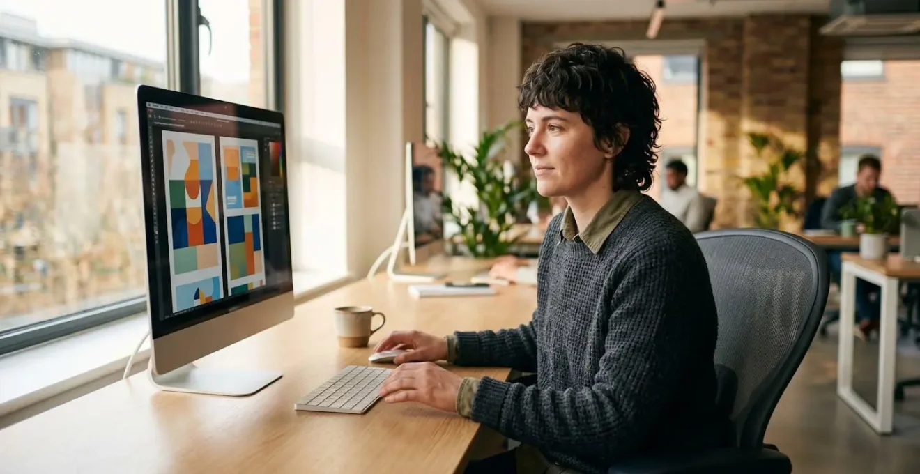 A marketing professional reviewing multiple visual content formats on a bright desktop screen in a modern open office