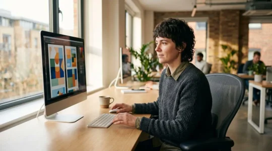 A marketing professional reviewing multiple visual content formats on a bright desktop screen in a modern open office