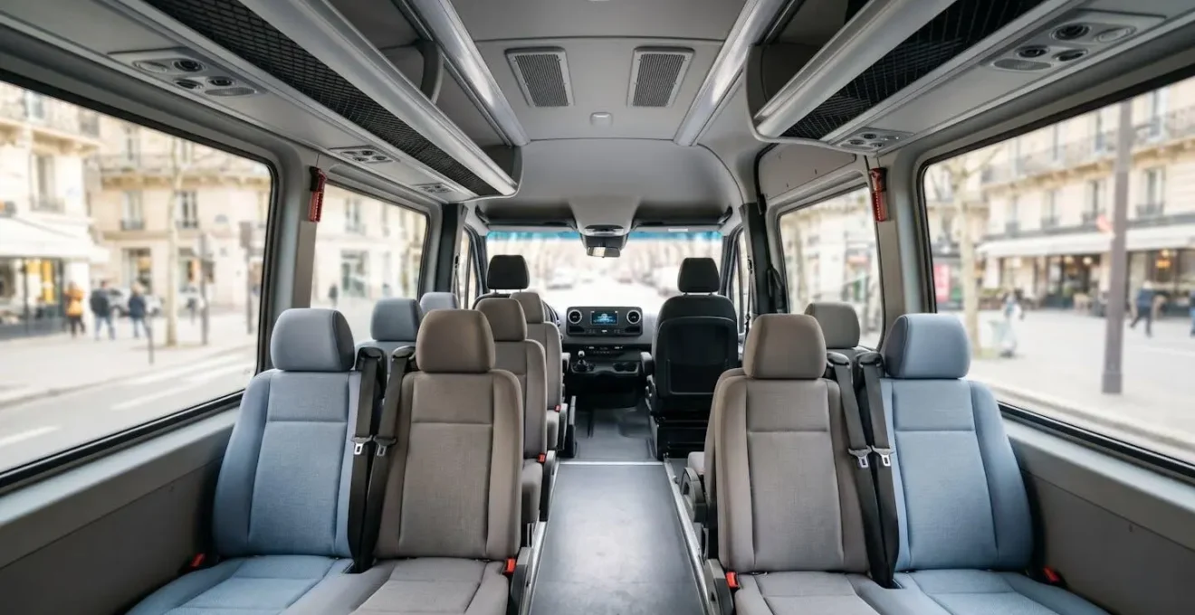 Interior of modern minibus showing three rows of upholstered passenger seats, overhead luggage storage, and large windows with natural daylight