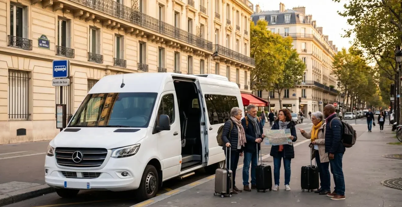 Modern passenger minibus with open side door parked on tree-lined Paris street with Haussmann buildings, small group of tourists with luggage standing nearby holding map in warm afternoon sunlight