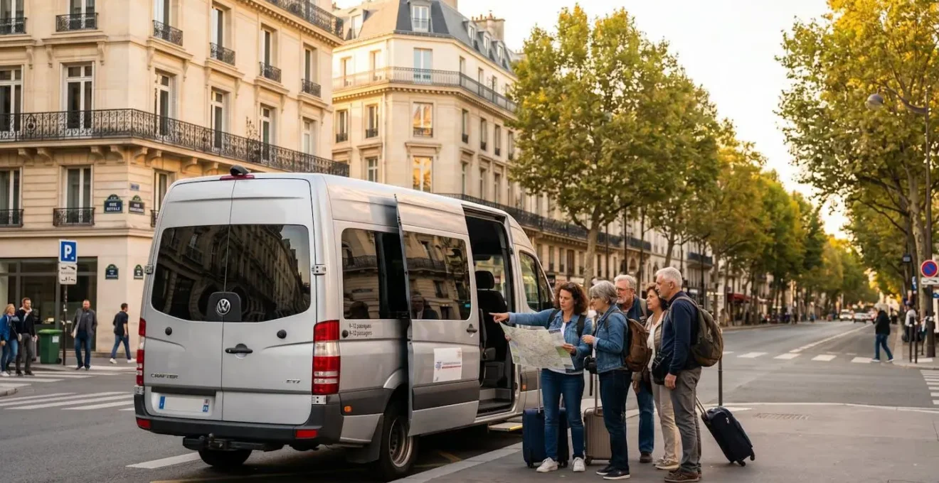 Modern passenger minibus with open side door parked on tree-lined Paris street with Haussmann buildings, small group of tourists with luggage standing nearby holding map in warm afternoon sunlight