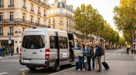 Modern passenger minibus with open side door parked on tree-lined Paris street with Haussmann buildings, small group of tourists with luggage standing nearby holding map in warm afternoon sunlight