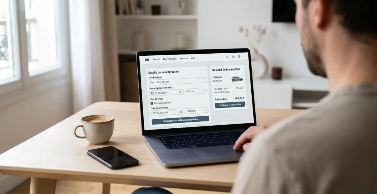 Over-shoulder view of person using laptop showing French-language vehicle rental booking website interface at contemporary home desk with natural window light