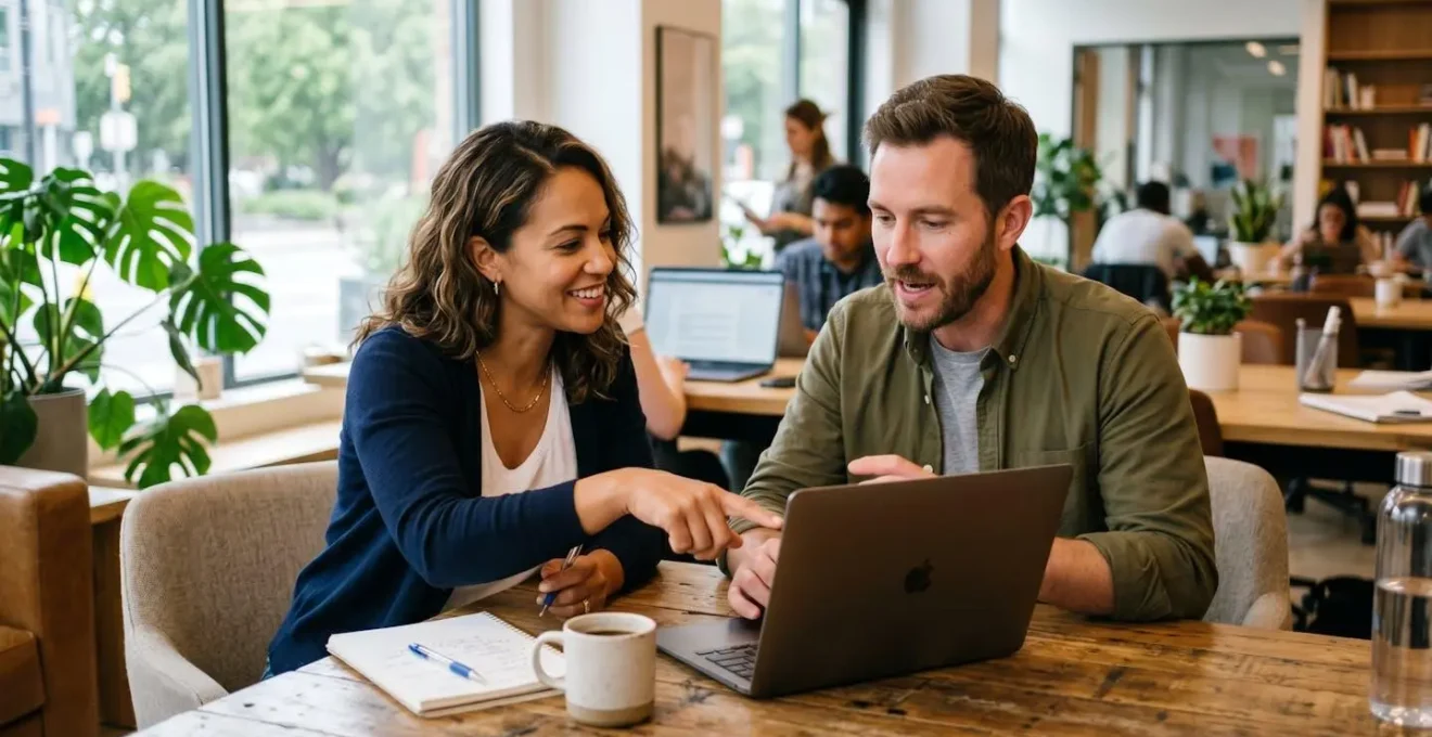 Two colleagues collaborating on visual content at a laptop in a well-lit creative workspace
