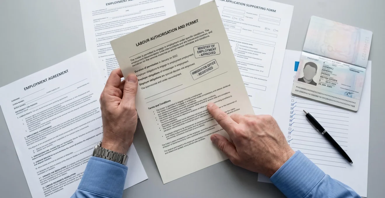 HR professional's hands reviewing official work permit and visa documents on a desk, with employment contract and application forms visible