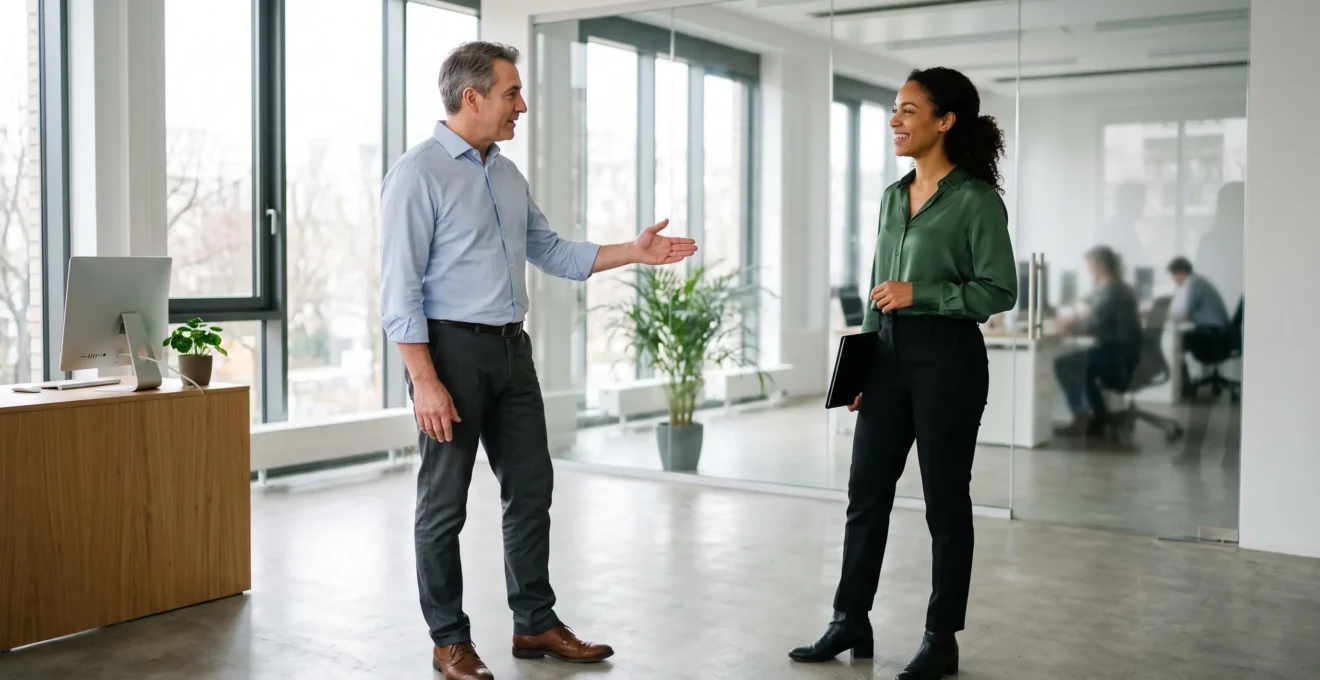 HR professional standing and welcoming a new international employee in a contemporary European office reception area, both engaged in a friendly professional conversation