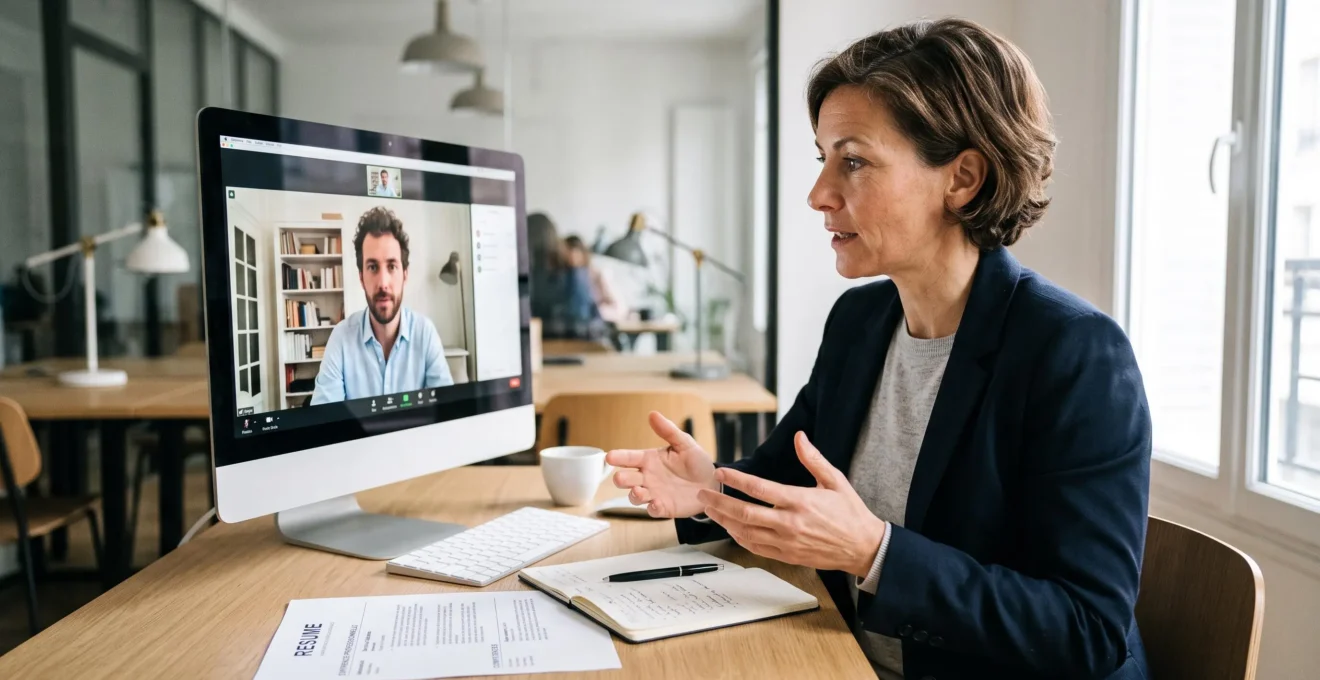 HR recruiter conducting a live video interview with an international candidate on a desktop monitor, contemporary European office workspace with multilingual CV documents visible on desk