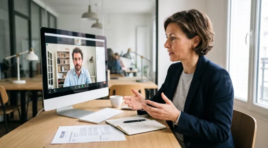 HR recruiter conducting a live video interview with an international candidate on a desktop monitor, contemporary European office workspace with multilingual CV documents visible on desk