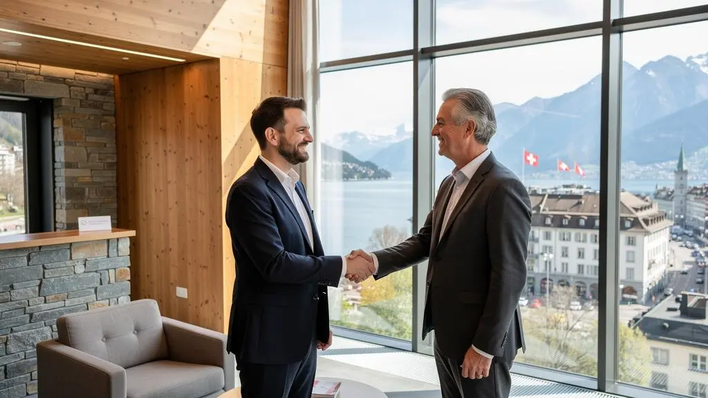 Two professionals shaking hands in a Swiss office reception area with large windows overlooking a lake or city landscape