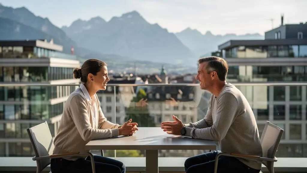 Two professionals in conversation at an outdoor office terrace with Swiss cityscape and mountains in the background