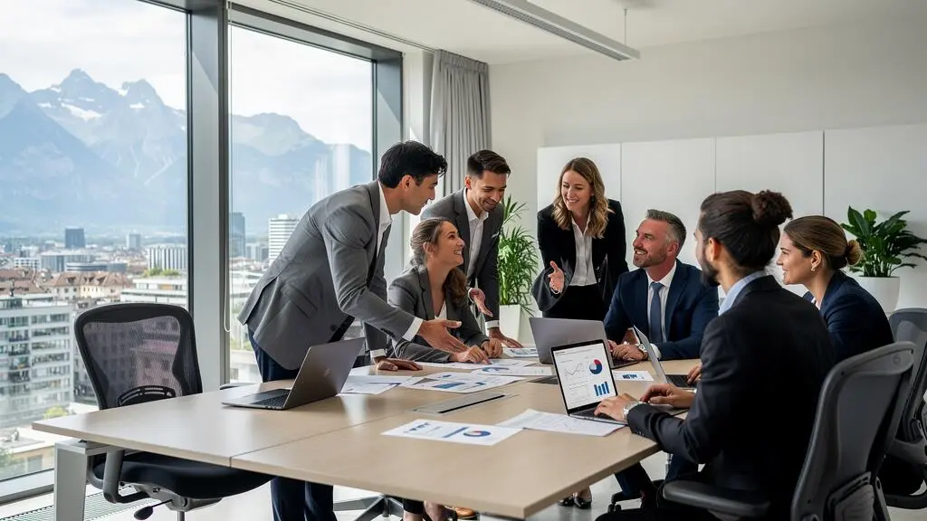 Professionals collaborating in a modern Swiss office with floor-to-ceiling windows revealing Alpine mountain landscape