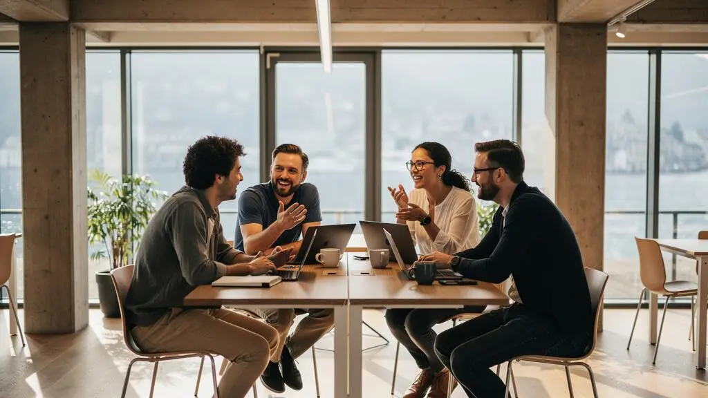 A diverse team collaborating around a standing desk in a modern Swiss coworking space with exposed concrete and wood design elements